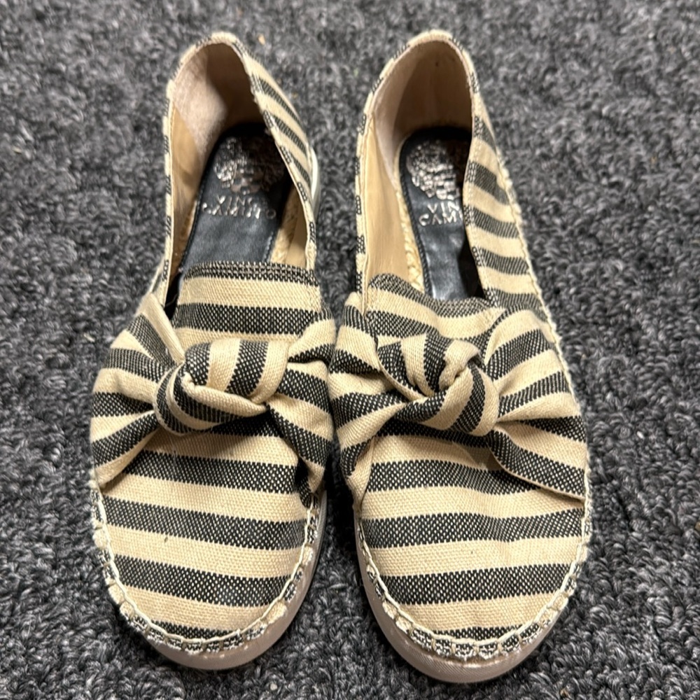 Vince Camuto Tratida Navy and Ivory Striped Espadrille Slip-On Shoes with Bow